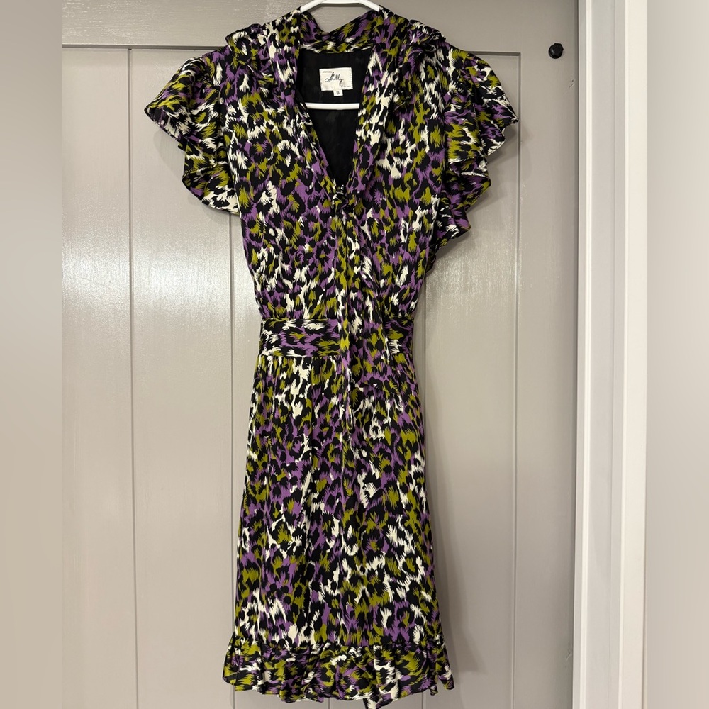 Milly of New York Silk Abstract Animal Print Ruffle Flutter Sleeve Dress 8 - Picture 2 of 16